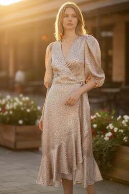 Lucy Paris Satin Leopard Print Puff Sleeve Ruffle Hem Wrap Midi Dress, Size Smal